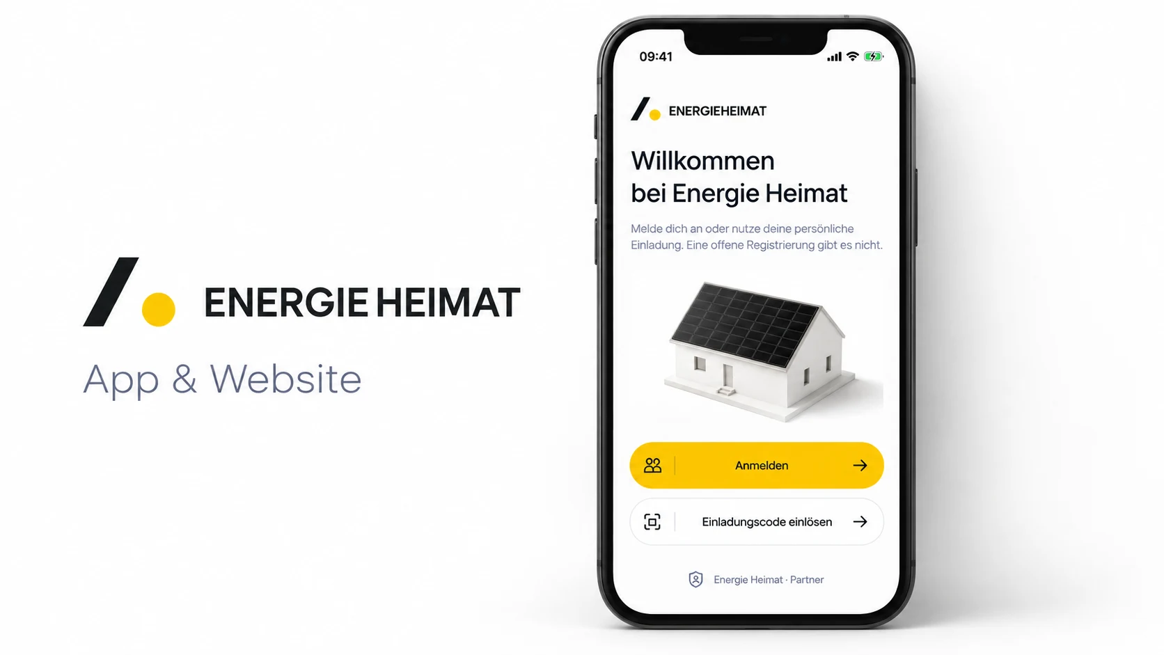 AI-modified view of the EnergieHeimat start screen, with sign-in and a house with rooftop solar on a smartphone.