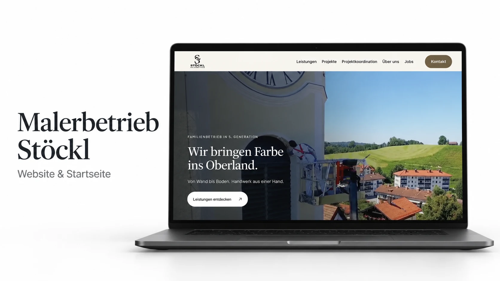 AI-modified view of the Stöckl homepage, showing a painter at a church tower on a laptop.
