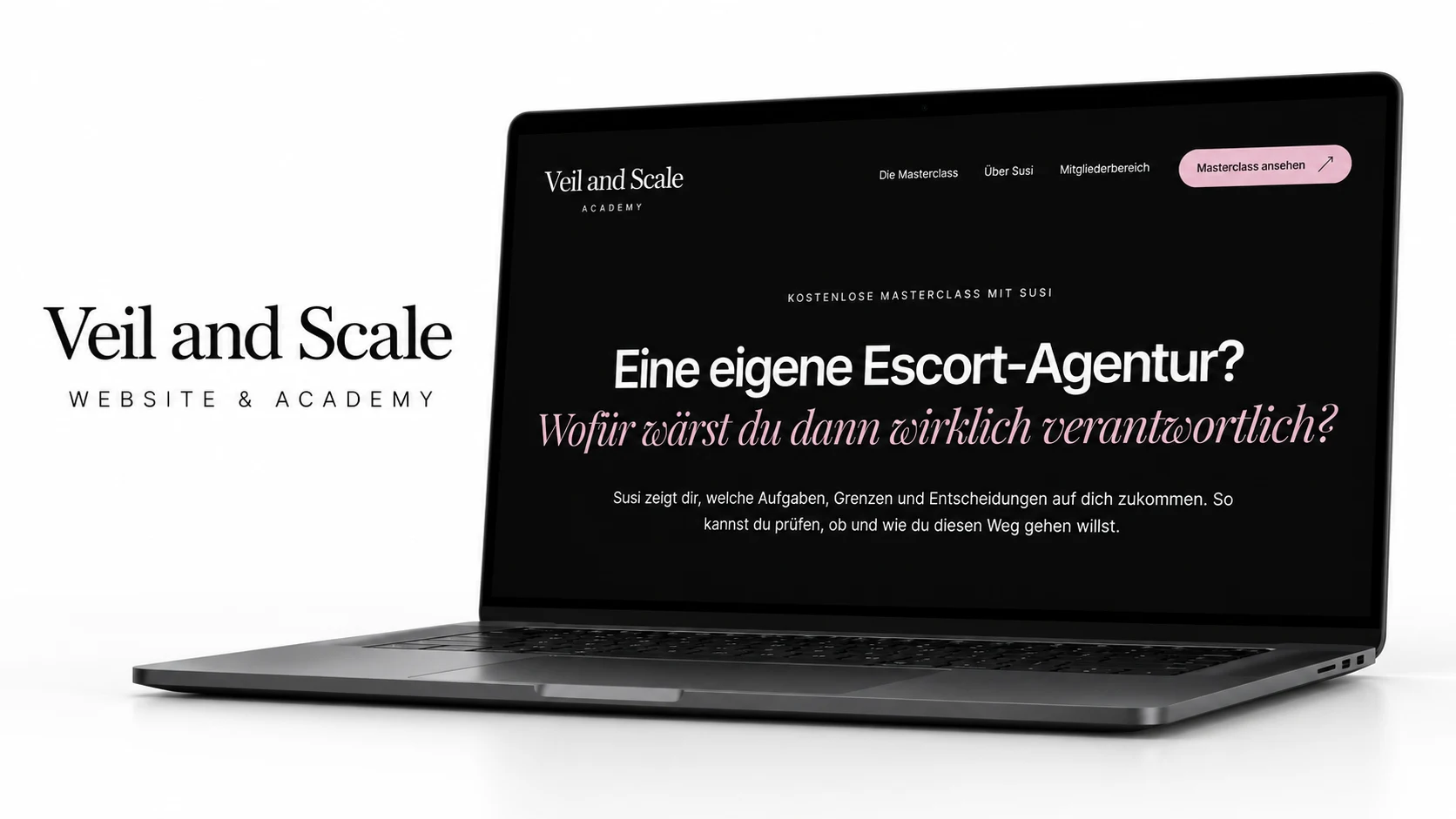AI-modified view of the Veil and Scale Academy landing page, with its masterclass introduction on a laptop.